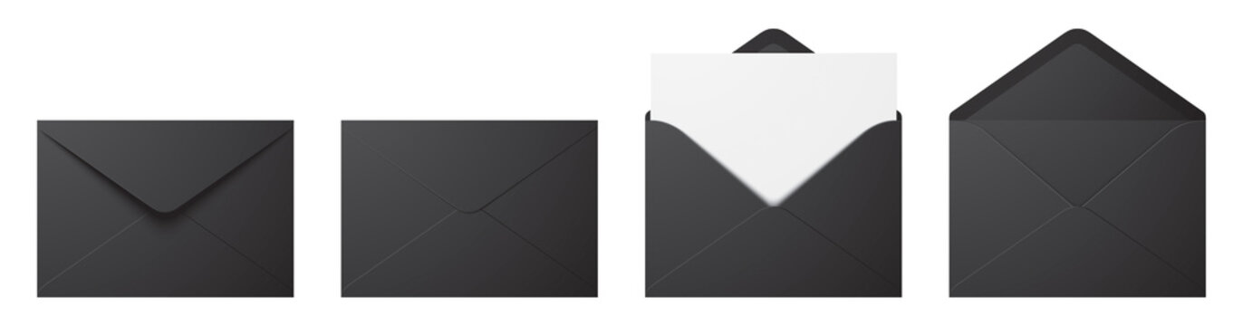 Vector set of realistic black envelopes in different positions. Folded and unfolded envelope mockup isolated on a white background.