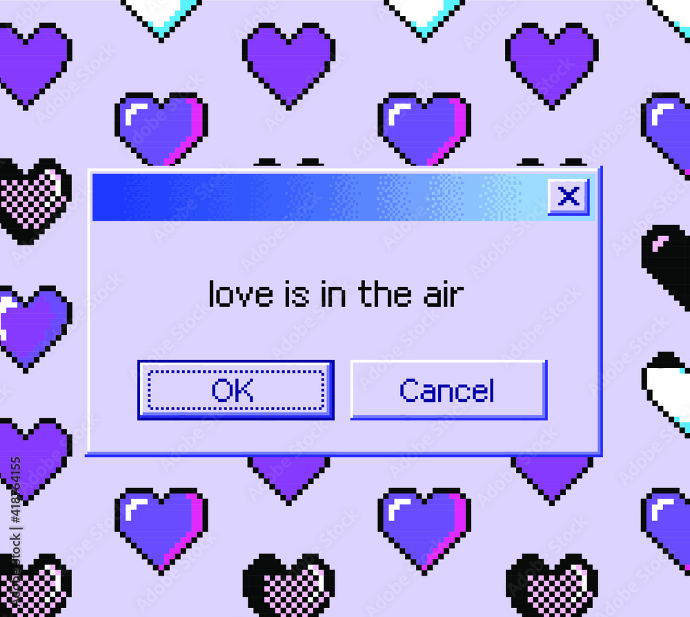 Poster 8-bit art message with pixel hearts. Vaporwave trendy retro user interface like in old operating systems.