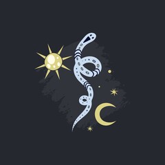 Snake poster. Doodle hand drawn pink and blue snakes on dark background with moon sun and stars, contemporary cartoon design collection, magic reptiles, decorative vector magic t-shirt print