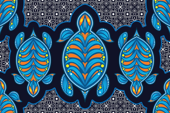 Seamless pattern with turtle vector Illustration, Sea batik theme