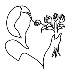 One line drawing of  woman holding bouquet of tulips in her hands.
One continuous line drawing of  woman and flowers.
