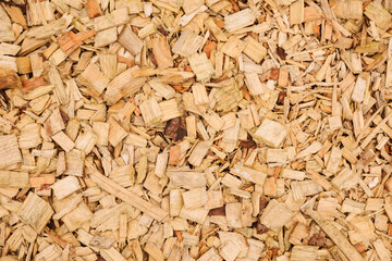 Terrace with bark mulch. Wood background. Small many wooden parts. Small bark mulch 