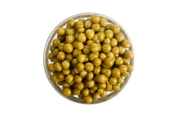 canned peas in a transparent bowl on a white background top view