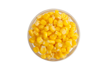 sweet corn in a clear bowl on a white background top view