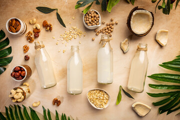 Vegan non dairy plant based milk in bottles and ingredients on light background. Lactose free milk substitute. Top view.
