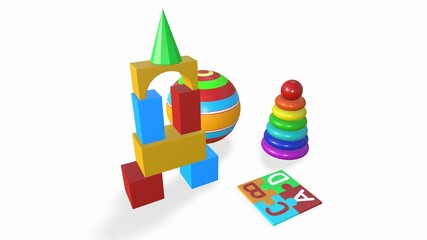 children's toys of simple shape, ball, pyramid 3d-illustration 3d-rendering