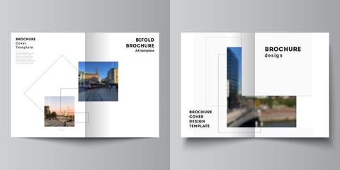 Vector layout of two A4 format cover mockups design templates with geometric simple shapes, lines and photo place for bifold brochure, flyer, magazine, cover design, book, brochure cover.