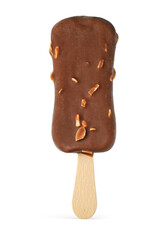Popsicle ice cream with chocolate coating and nuts isolated.