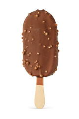 Popsicle ice cream with chocolate coating and nuts isolated.