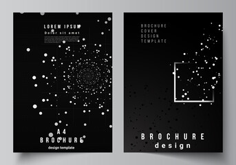 Vector layout of A4 cover design templates for brochure, flyer layout, booklet, cover design, book design. Black color technology background. Digital visualization of science, medicine, tech concept.