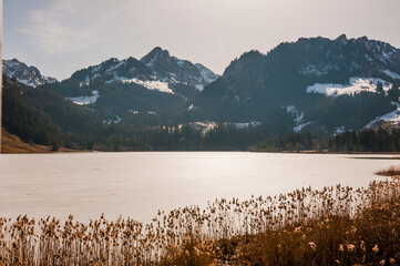 Schwarzsee, Lac Noir, Fribourg, Freiburg, Bergsee, Uferweg, Wanderweg, Schilf, Kaiseregg, Schafberg, Riggisalp, Spitzflue, Winter, Wintersport, Eisfläche, Alpen, Schweiz