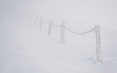 Snow covered signposts on the mountainside.
