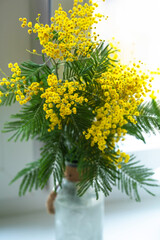 a bouquet of yellow mimosa in a glass vase by the window