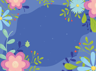 Fototapeta na wymiar spring flowers frame on blue background vector design