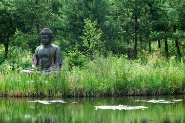 Buddha statue in grass front of a lake