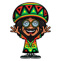 Dreadlocks Man Cartoon Character wearing eyeglasses, slouchy beanie, and ethnic traditional costume with rastafari flag color. best for mascot, poster, sticker, or logo of Reggae music themes