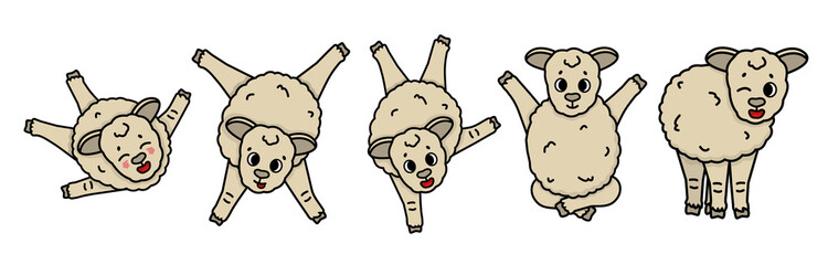 Obraz na płótnie Canvas Cartoon outline vector sheep is engaged in various activities, makes gymnastic wheel, stands on one paw, sits in lotus position, jumps high, smiles, leads an active lifestyle. Isolated set on white.