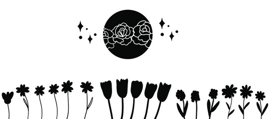 Lineart wildflowers set. Doodle herbal farmhouse rustic wild flowers decor elements. Gardening hand drawn vector illustration. Daisy, field, chamomile, rosehip, buttercup