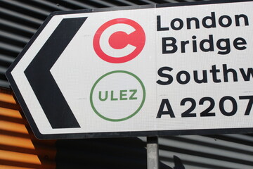 Fototapeta premium ULEZ stock footage London, UK - April 9 2019: ULEZ (Ultra low emission zone) London prepare Ultra Low Emission Zone (ULEZ) warning sign central London.
