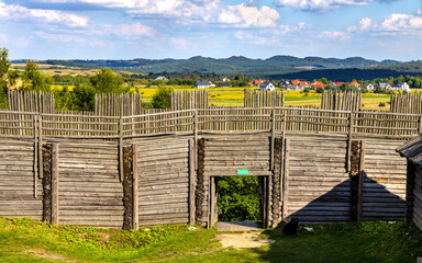 Wooden defense walls and tower of Gora Birow Mountain stronghold near Ogrodzieniec Castle, at Cracow-Czestochowa upland in Podzamcze od Silesia in Poland