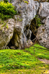 Jurassic limestone rock formations and natural caves in Gora Birow Mountain near Ogrodzieniec Castle, in Podzamcze at Cracow-Czestochowa upland in Silesia in Poland