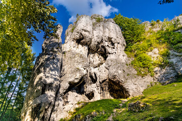 Jurassic limestone rock formations and natural caves in Gora Birow Mountain near Ogrodzieniec Castle, in Podzamcze at Cracow-Czestochowa upland in Silesia in Poland