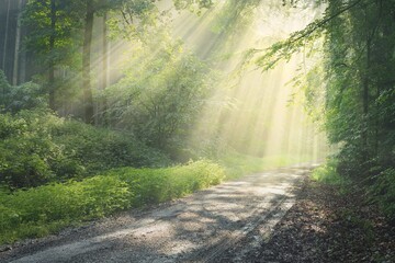 Pathway in a majestic green deciduous forest. Natural tunnel. Mighty tree silhouettes. Fog,...