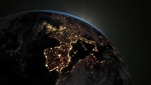 Beautiful Sunrise. View from space. The sun rises over the European continent.