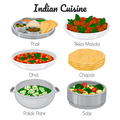 set of indian meals. thali, sabji, palak panir, chapati, dhal, tikka masala. Cartoon style, Vector illustration. Isolated on white.