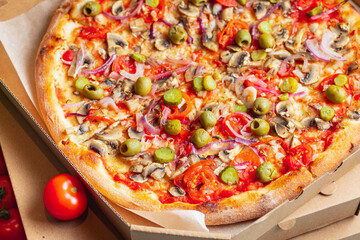 pizza vegetable fast food no meat no cheese snack savory pie healthy meal top view copy space food background rustic vegan or vegetarian food