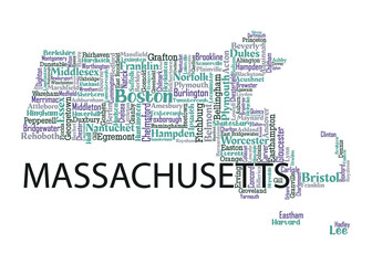 Word cloud map design includes all Counties, Cities, Municipalities in the state of Massachusetts. It's an editable vector file.