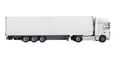 Side view of a new large white cargo truck with copy space isolated on white - 418772335