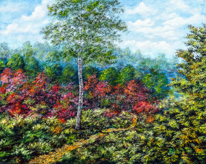 Birch tree next to a forest path. Illustration of an art painting, acrylic on canvas