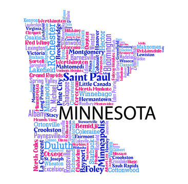 Word cloud map design includes all Counties, Cities, Municipalities in the state of Minnesota. It's an editable vector file.	
