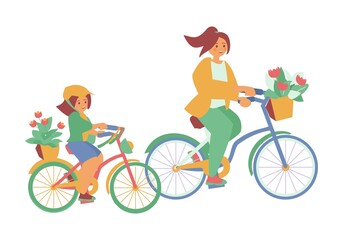 Mother and daughter riding bicycles with basket of flowers Mother day card Vector flat illustration