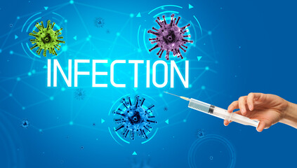 Syringe, medical injection in hand with INFECTION inscription, coronavirus vaccine concept