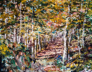 The fiery colors of the forest landscape. Illustration of an art painting, acrylic on canvas
