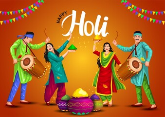  Happy holi festival. Indian people dance with holi celebration  background. vector illustration design