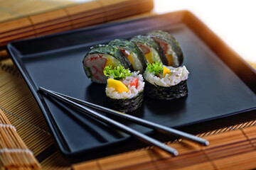 close-up of healthy and colorful sushi rolls