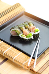 close-up of healthy and colorful sushi rolls