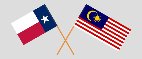 Crossed flags of the State of Texas and Malaysia. Official colors. Correct proportion
