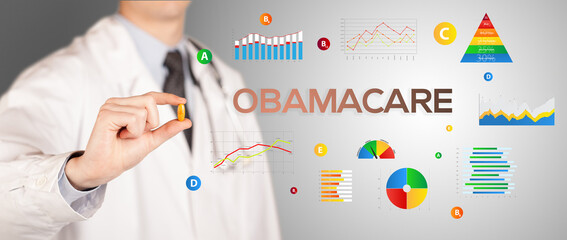 Nutritionist giving you a pill with OBAMACARE inscription, healthy lifestyle concept