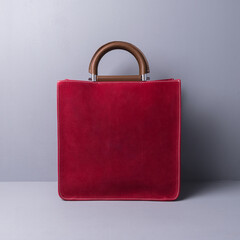 Women's burgundy suede bag with brown semi-circular handles. Gray background. Front view