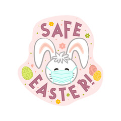 White rabbit in protective medical mask. Safe Easter logo. Emblem for Festive holiday design isolated on white background. Vector illustration