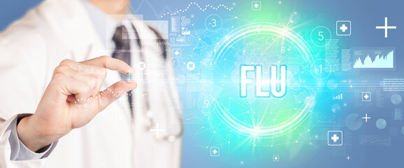 Close-up of a doctor giving you a pill with FLU abbreviation, virology concept