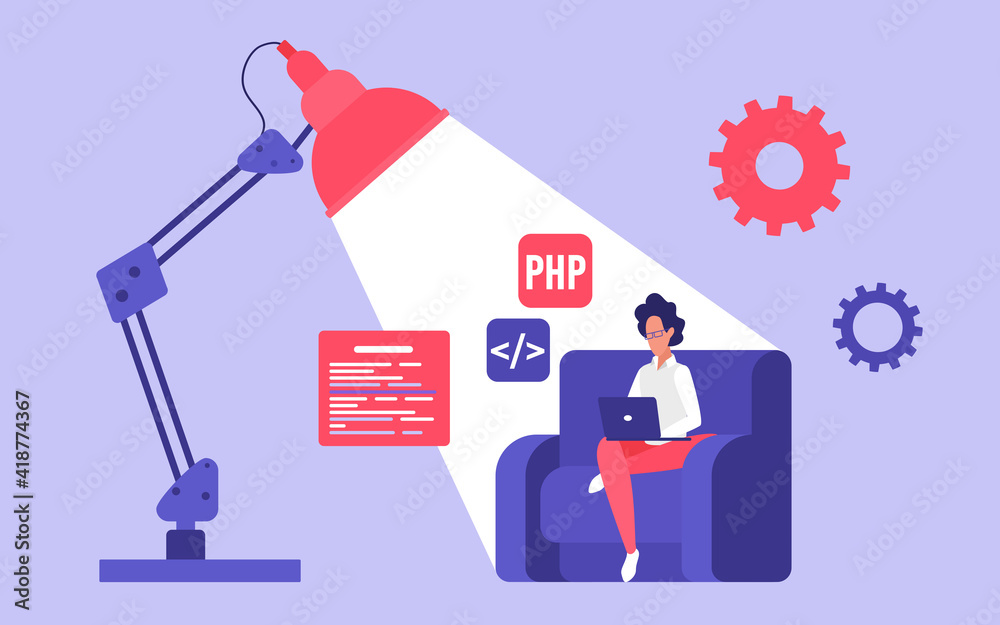 Poster Web engineering work vector illustration. Cartoon software engineer character programming website, freelance programmer working on laptop sitting in armchair under light of big lamp background
