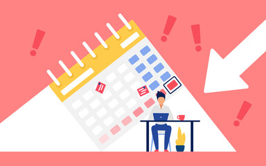 Deadline pressure, people work hard concept vector illustration. Cartoon employee character sitting at office table and working, manager planning with big press arrow and event calendar background