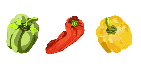 Yellow, green, red pepper, sweet paprika. Set with red, green, yellow pepper. Healthy food, natural product. Cooking plant, fresh meal. The plant is edible.  Vegetarian, vegetable, bright element, pri