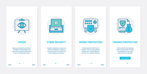 Cybersecurity, financial bank account protection, online banking vector illustration. UX, UI onboarding mobile app page screen set with line finance security services protect money, personal access