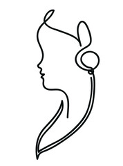 One line drawing of woman listening music via headphones. 
One continuous line drawing of woman listening to music
